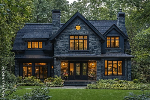 A large black house with a stone roof and a large window