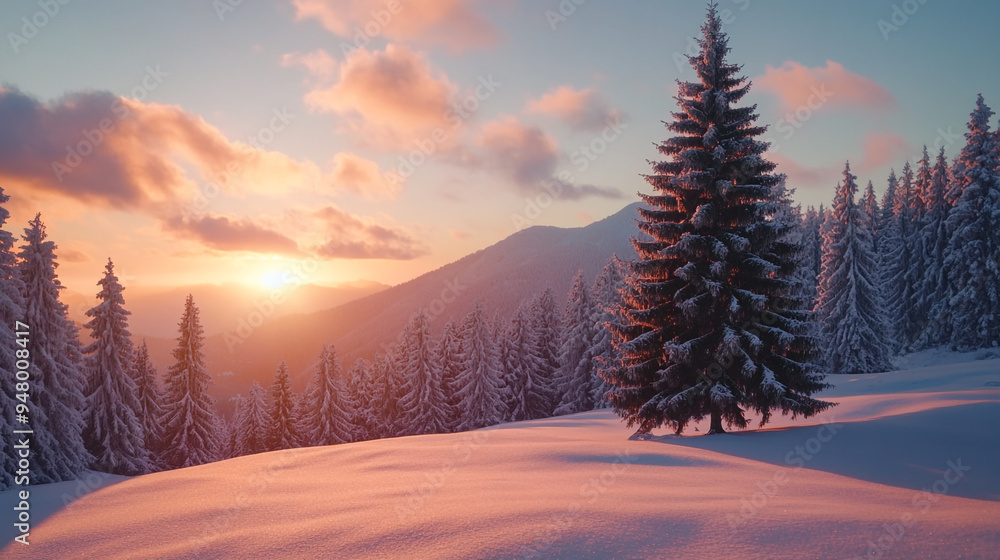 Obraz premium Serene winter sunrise over snow-covered mountain landscape with evergreen trees in a tranquil forest setting