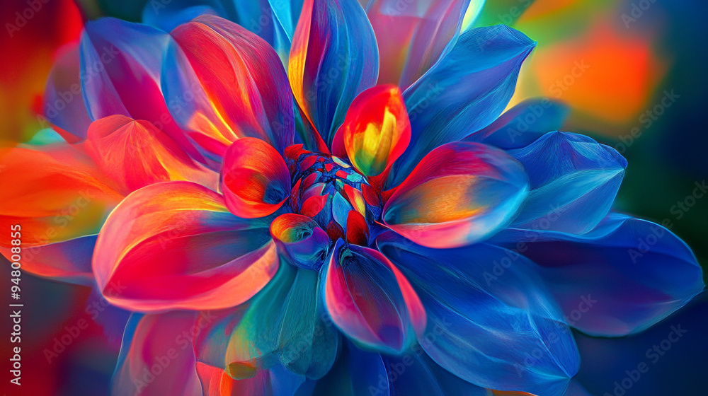 Fototapeta premium A vibrant close-up of a colorful flower with surreal hues, showcasing brilliant shades of blue, red, and orange under soft sunlight