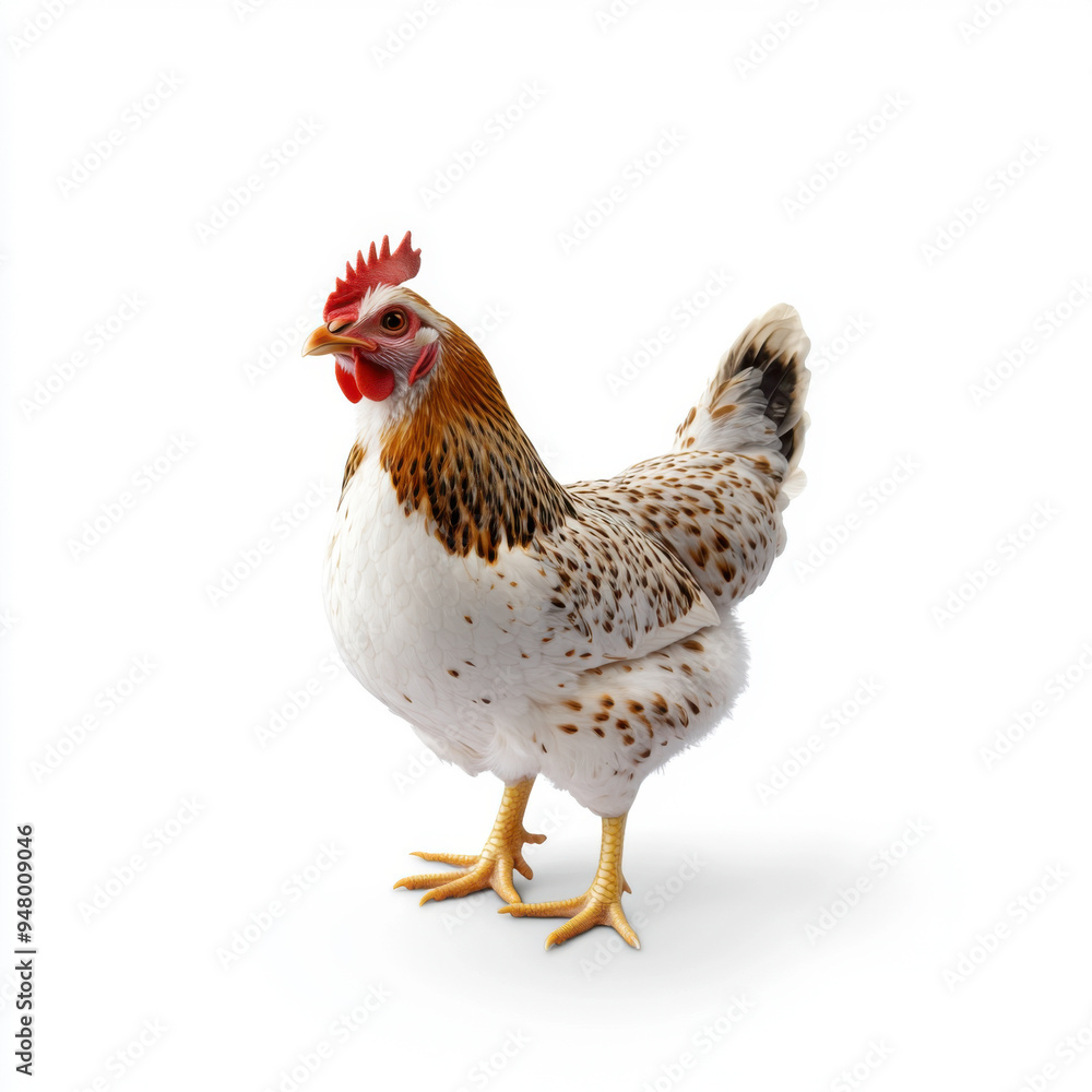 A speckled hen stands on a plain white background, showcasing its colorful plumage and alert posture. A speckled hen stands on a plain white background, showcasing its colorful plumage and alert posture.
