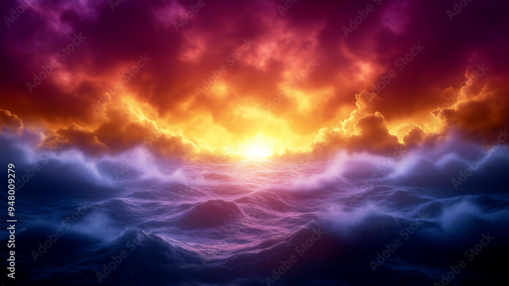 Sky at sunset, with dark clouds and purple tones, and a glowing orange sun in the center. The sea is rough with waves crashing against each other. Sky at sunset, with dark clouds and purple tones, and a glowing orange sun in the center. The sea is rough with waves crashing against each other.