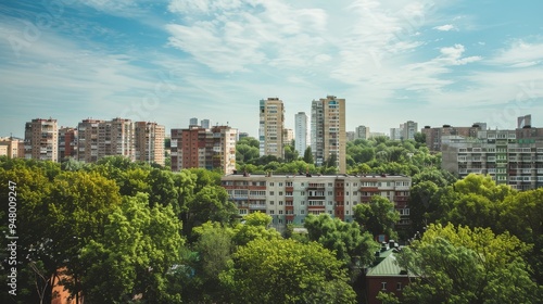 A panoramic view of a dense urban skyline featuring numerous highrise buildings surrounded by green trees