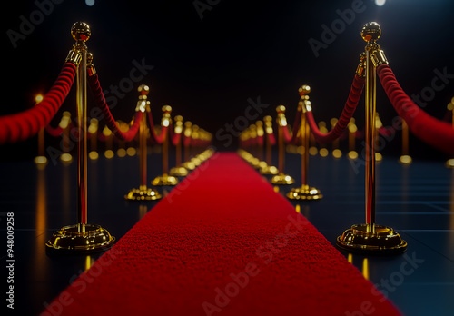 Red carpet with golden stripes on a black background for events, celebrities, award ceremonies photo