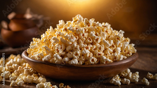 A bowl of golden-yellow popcorn overflowing on a wooden surface with a warm, rustic background. photo