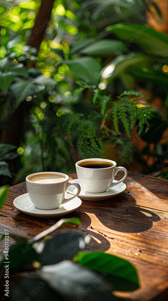 Two Warm Coffee Cups on a Wooden Table Surrounded by Green Plants in a Cozy and Peaceful Setting Two Warm Coffee Cups on a Wooden Table Surrounded by Green Plants in a Cozy and Peaceful Setting