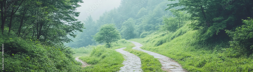 A forest with a winding road that leads to a path. The road is surrounded by trees and the sky is cloudy A forest with a winding road that leads to a path. The road is surrounded by trees and the sky is cloudy