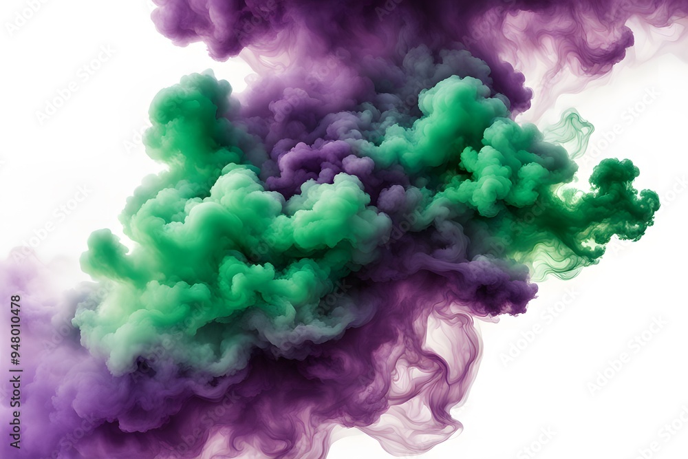 Bright green and purple smoke clouds blending together creating bold contrasts on a white background, AI Generated Bright green and purple smoke clouds blending together creating bold contrasts on a white background, AI Generated
