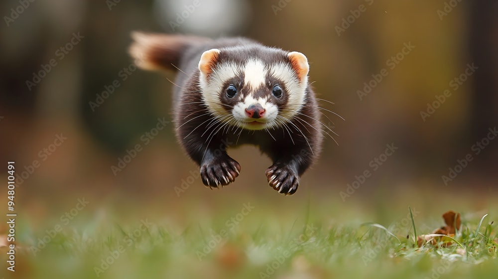 Energetic Ferret Leaping Through Lush Meadow Energetic Ferret Leaping Through Lush Meadow