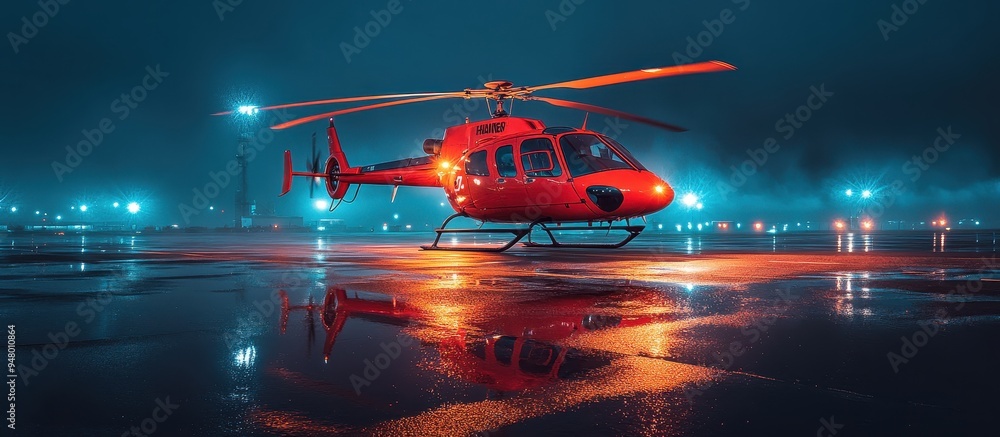 Red Helicopter on Wet Tarmac at Night with Dramatic Lighting and Reflections Red Helicopter on Wet Tarmac at Night with Dramatic Lighting and Reflections