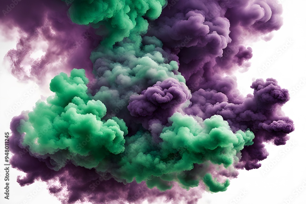 Fototapeta premium Bright green and purple smoke clouds blending together creating bold contrasts on a white background, AI Generated
