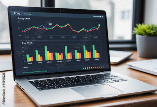 The laptop or notebook device screen, displaying the colorful website traffic metrics, graphs and analytics for the ranking of the visitors statistics the internet or web online