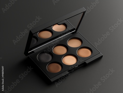 Compact eyeshadow palette with neutral tones on black background