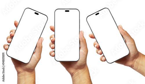 A woman’s hand holding a black smartphone with a blank screen and modern frameless design, shown in three positions: angled, vertical, and from the side edge, isolated on a white background