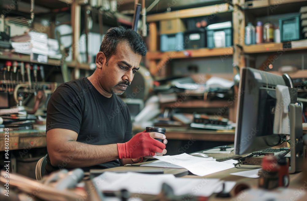 Focused Man Working in a Cluttered Workshop Holding a Coffee Mug Focused Man Working in a Cluttered Workshop Holding a Coffee Mug