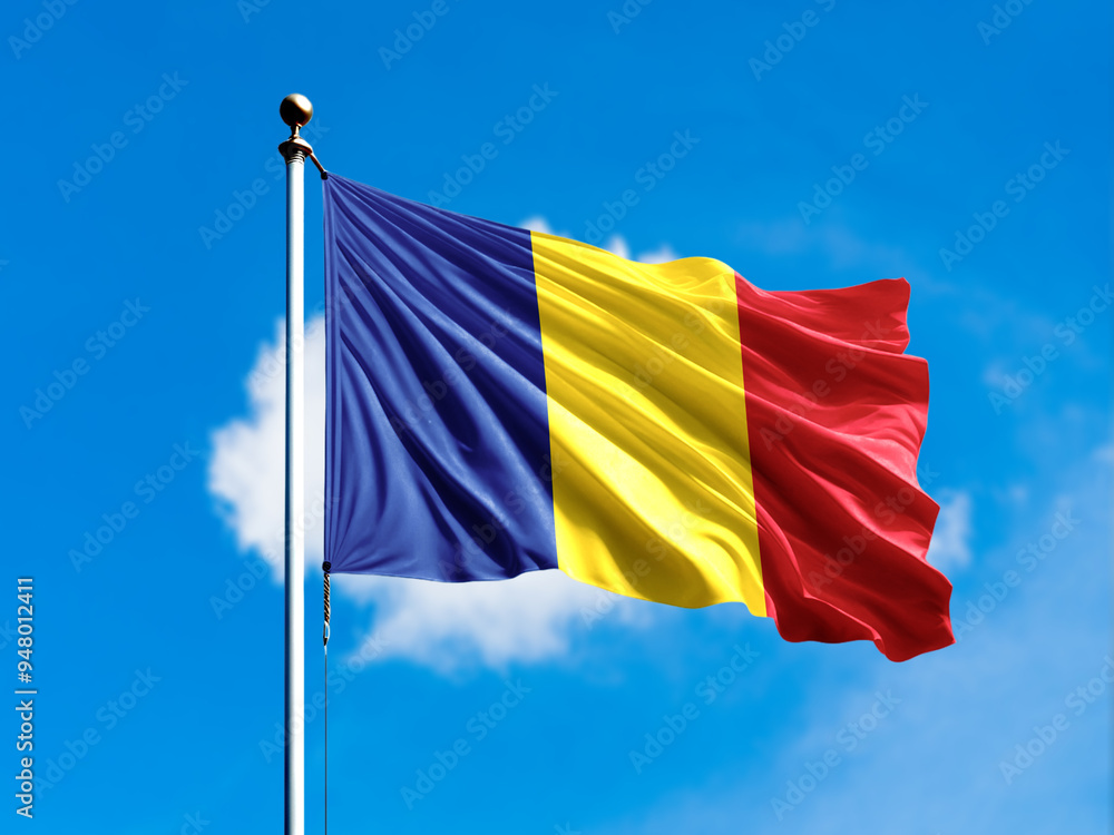 Romania flag flying on blur blue clouds background. Romania flag flying on blur blue clouds background.