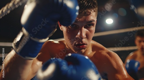 Two male boxers in the middle of a powerful punch exchange in the rin