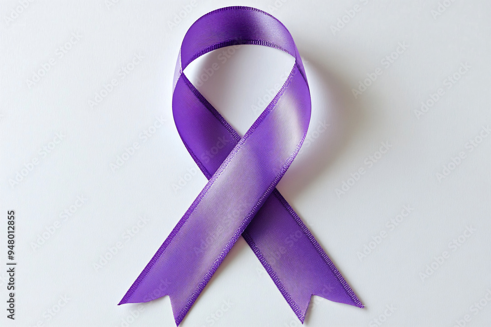 Purple ribbon on white background representing general cancer awareness, Alzheimer's disease, domestic violence awareness. Old Age-related health mental health problems, memory loss Purple ribbon on white background representing general cancer awareness, Alzheimer's disease, domestic violence awareness. Old Age-related health mental health problems, memory loss