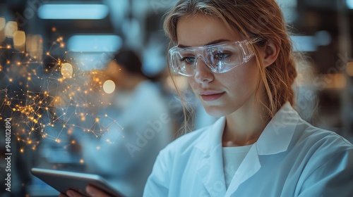 Researchers in laboratory analyzing data on digital tablets during a collaborative session