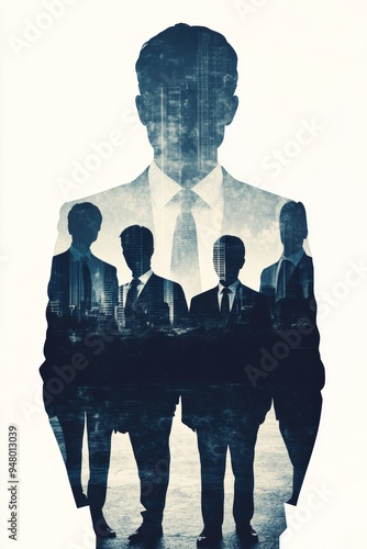 A creative double exposure image featuring silhouettes of businessmen in suits, symbolizing collaboration and leadership.