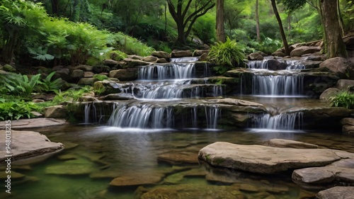 Serene Multi-Tiered Stone Waterfall Cascading into Calm Pond, Grass beside small waterfall