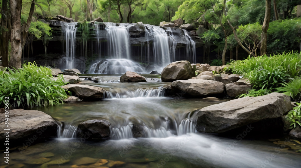 Serene Multi-Tiered Stone Waterfall Cascading into Calm Pond, Grass beside small waterfall Serene Multi-Tiered Stone Waterfall Cascading into Calm Pond, Grass beside small waterfall