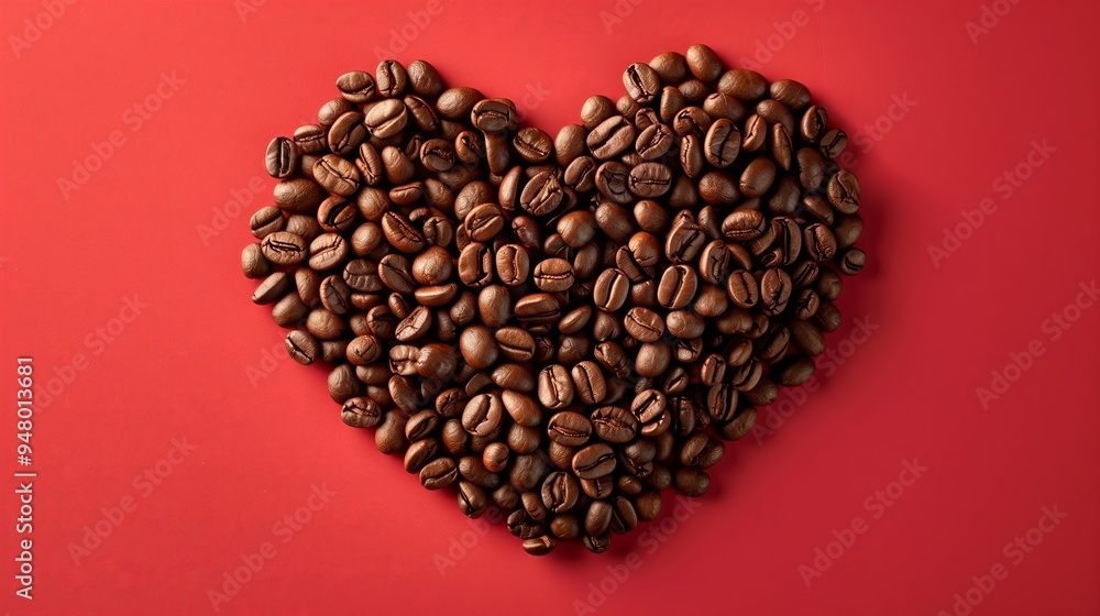 Coffee Beans Shaped as Heart on Red Background Coffee Beans Shaped as Heart on Red Background