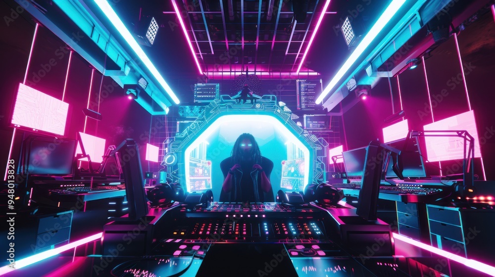 Cyberpunk Gamer in Neon Lit Room Cyberpunk Gamer in Neon Lit Room