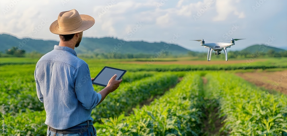 A farmer uses a tablet to control a drone over a lush green field, showcasing modern agricultural technology in farming. A farmer uses a tablet to control a drone over a lush green field, showcasing modern agricultural technology in farming.