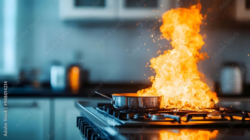 A flaming fire erupts from a saucepan on a modern kitchen stove, highlighting the intensity of cooking and potential hazards. A flaming fire erupts from a saucepan on a modern kitchen stove, highlighting the intensity of cooking and potential hazards.