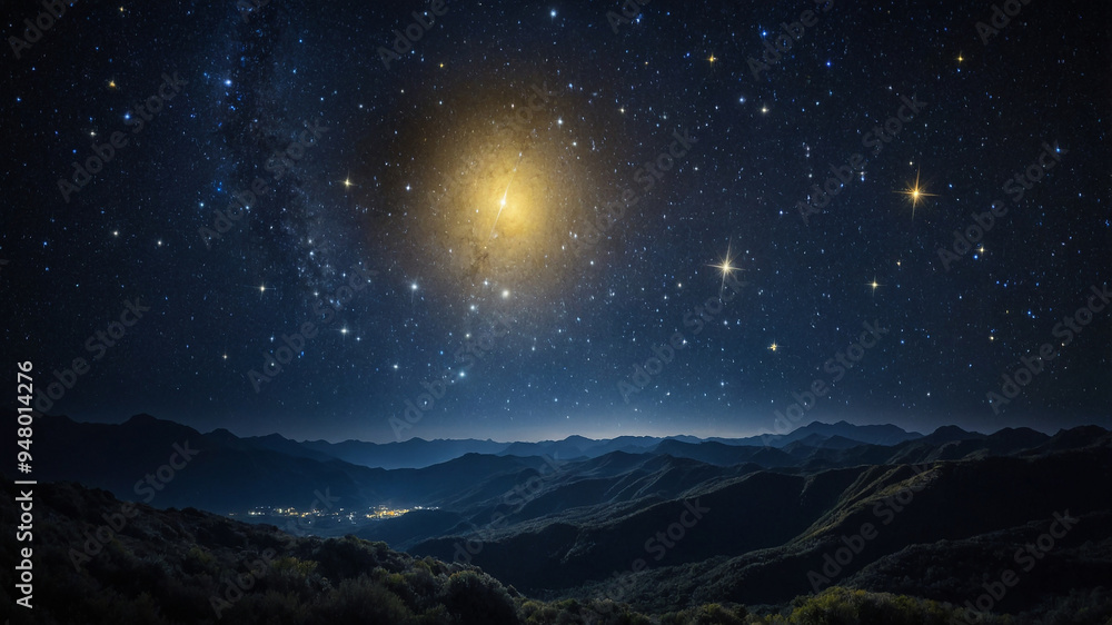 Fototapeta premium Starry night sky over mountain landscape with glowing celestial bodies and distant village lights.