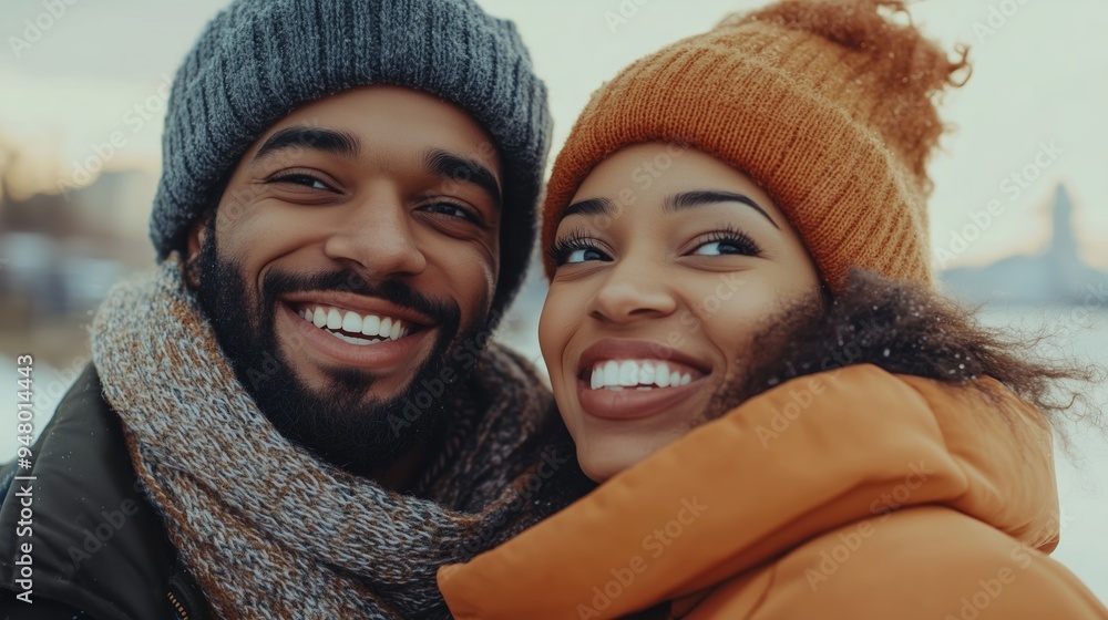 Happy couple smiles together outdoors during winter in a snowy landscape, showcasing joy and warmth on a chilly day Happy couple smiles together outdoors during winter in a snowy landscape, showcasing joy and warmth on a chilly day