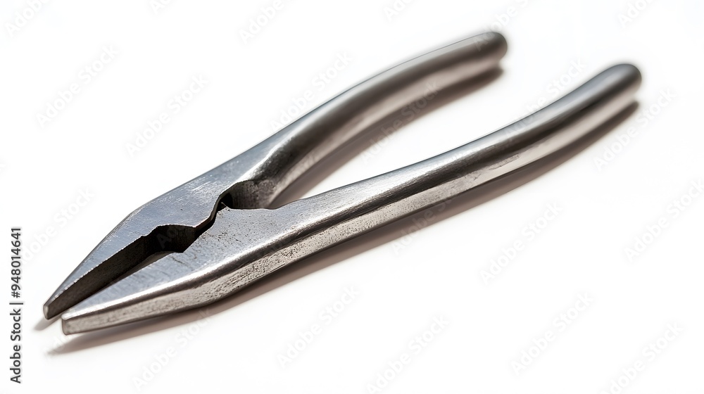 A single pair of pliers, closed and positioned diagonally on a bright white background, casting a faint shadow. A single pair of pliers, closed and positioned diagonally on a bright white background, casting a faint shadow.