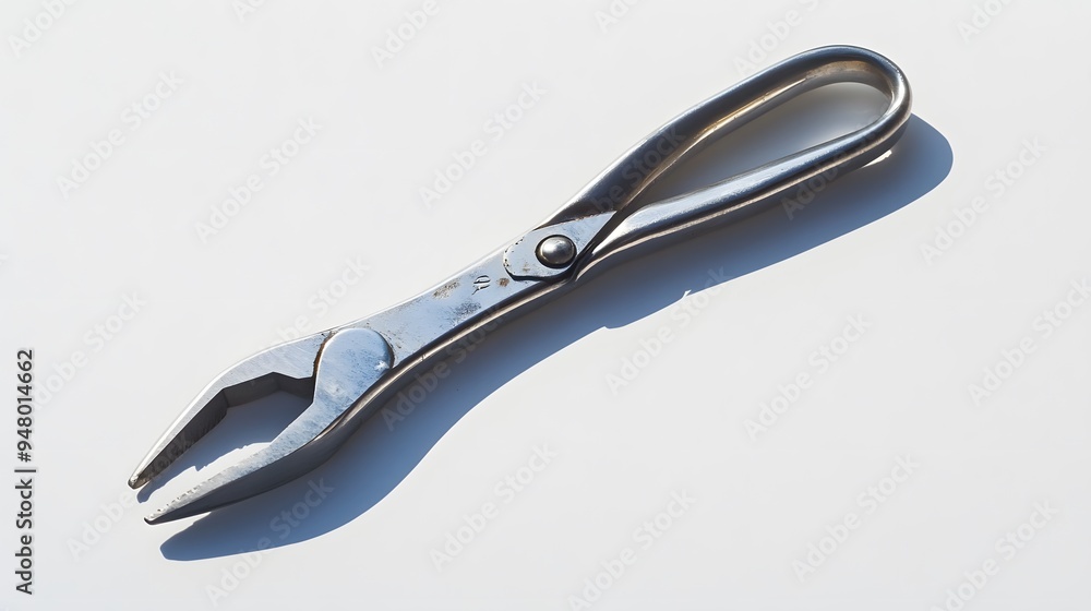 A single pair of pliers, closed and positioned diagonally on a bright white background, casting a faint shadow. A single pair of pliers, closed and positioned diagonally on a bright white background, casting a faint shadow.