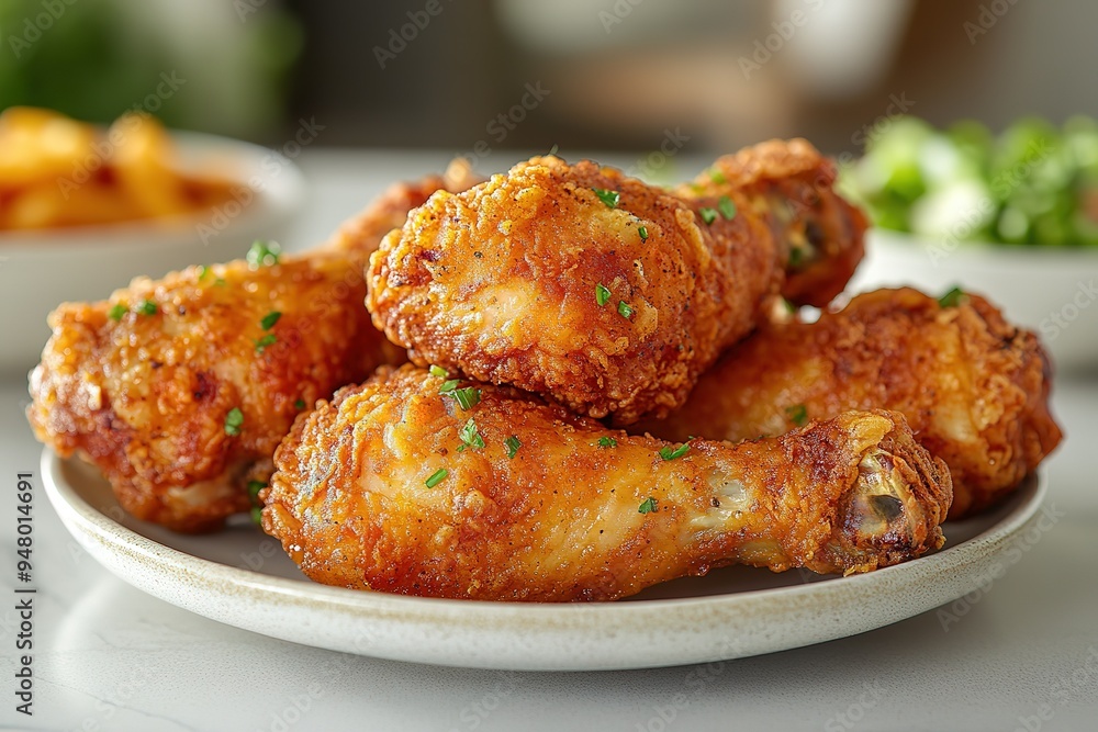 A plate of fried chicken with a side of vegetables A plate of fried chicken with a side of vegetables
