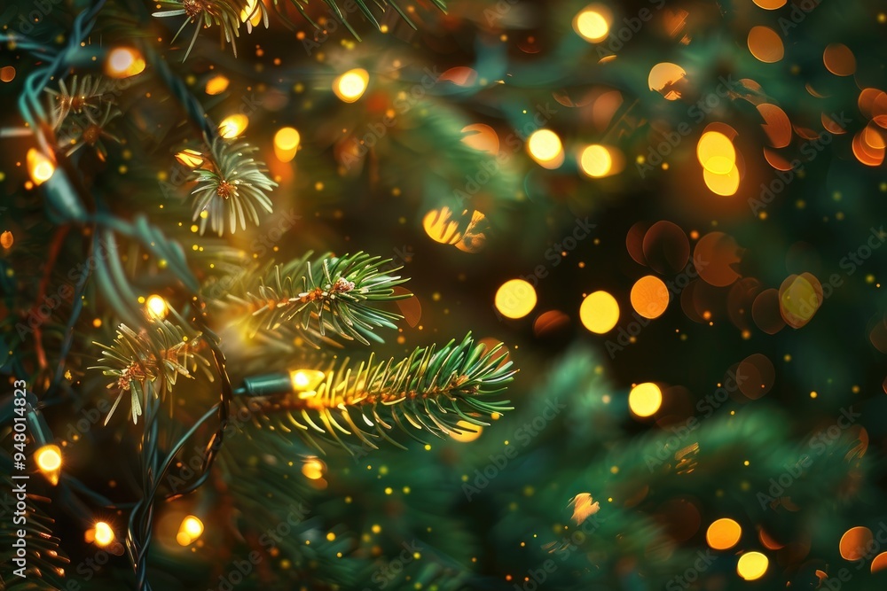 Fototapeta premium Festive Christmas background with a close - up of twinkling Christmas tree lights