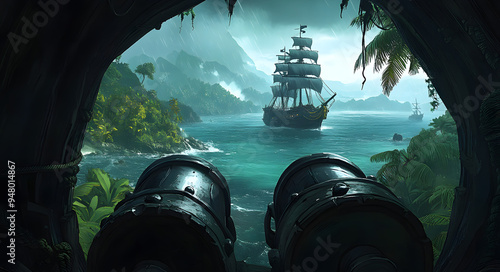 Pirate Scene in Sea of Thieves Game Style with a Pirate Ship on Stormy Seas, Featuring Dramatic Waves, Dark Skies, and a Swashbuckling Atmosphere, Perfect for Representing Adventure, Nautical Themes,  photo