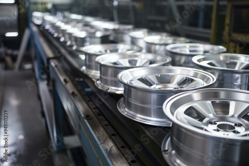 Aluminum alloy wheels moving on conveyor belt in factory