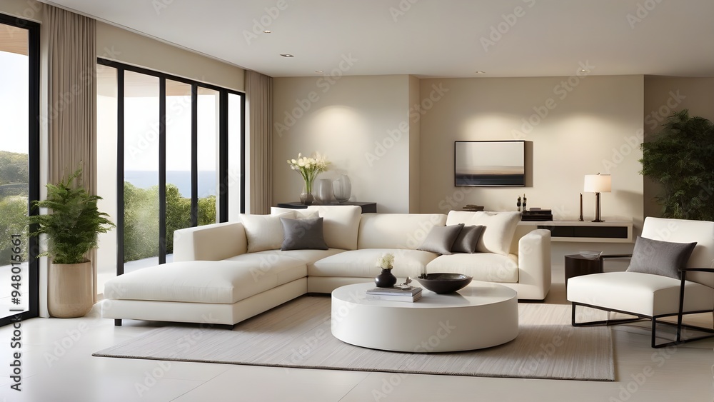 Sofa against fireplace in room with arch window and ceiling. Mediterranean interior design of modern living room. Sofa against fireplace in room with arch window and ceiling. Mediterranean interior design of modern living room.