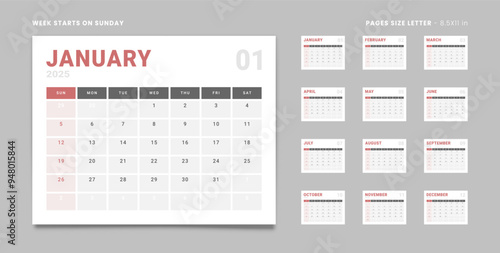 Set of 12 Pages Monthly Calendar Planner Templates on 2025 year. Vector mockup of a wall or desktop calendar with the week start on Sunday for print in grey and red color. Pages size Letter -8.5x11 in