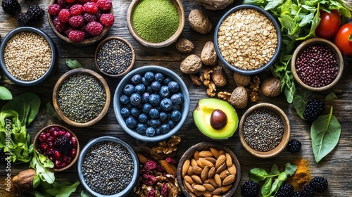 An array of colorful organic food products is beautifully displayed on a rustic wooden surface, emphasizing health and freshness