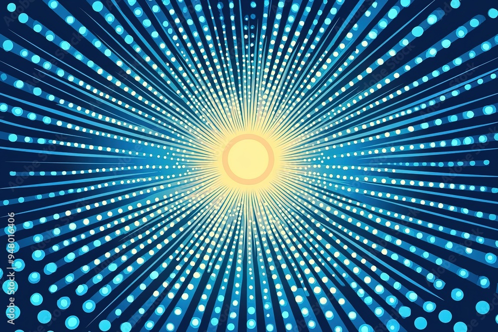 A bright blue and yellow sun with a bunch of dots surrounding it