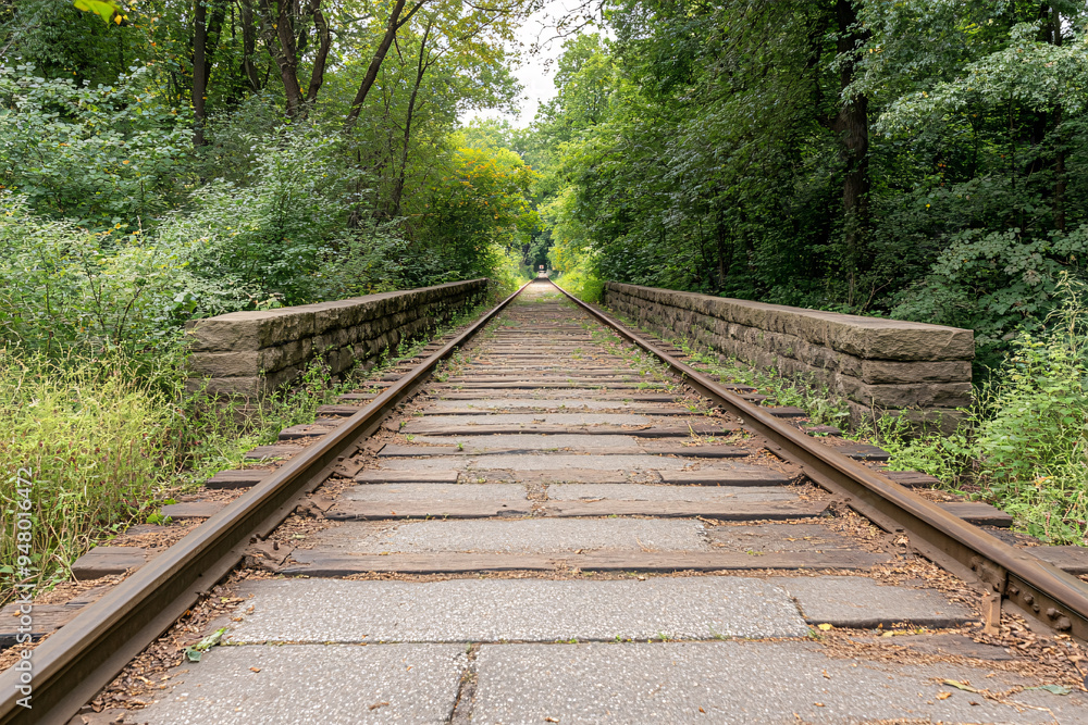 A train track with a bridge over it. The bridge is made of stone and the train tracks are made of wood. The image has a peaceful and quiet mood A train track with a bridge over it. The bridge is made of stone and the train tracks are made of wood. The image has a peaceful and quiet mood