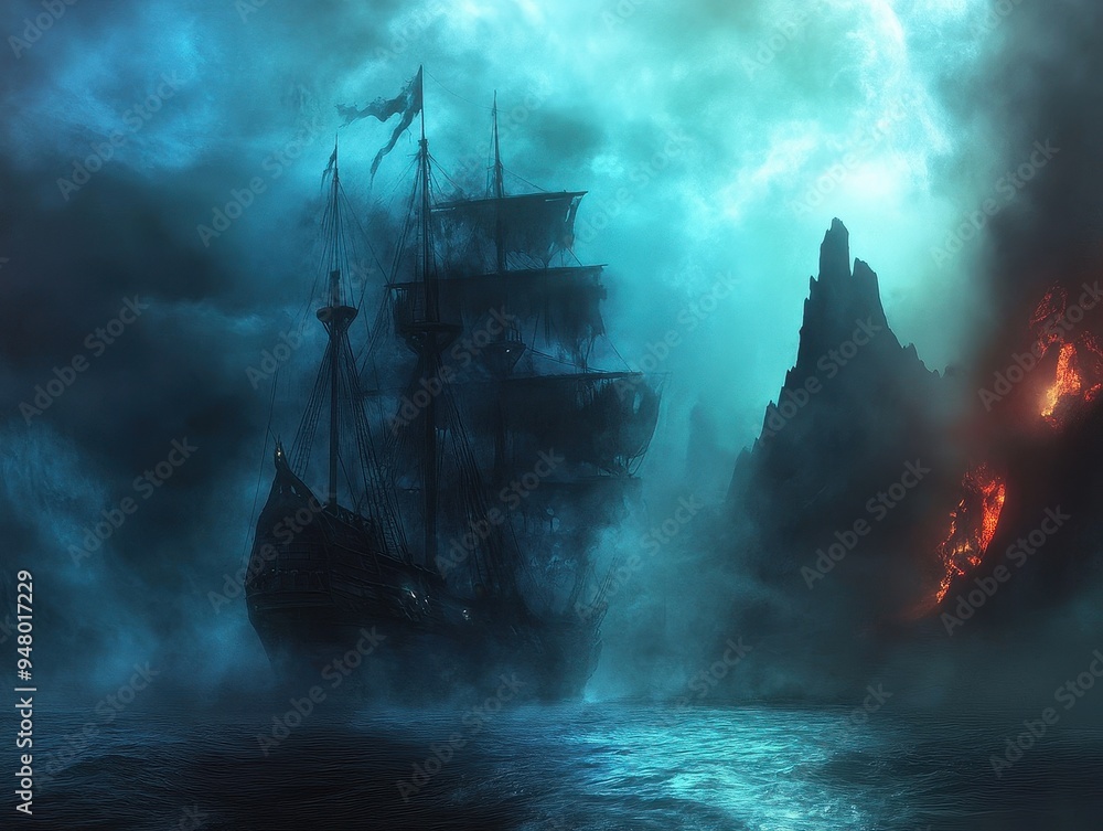 Mysterious Pirate Ship Sailing Through Foggy Waters Near Rocky Cliffs with Fiery Eruption in the Background Mysterious Pirate Ship Sailing Through Foggy Waters Near Rocky Cliffs with Fiery Eruption in the Background