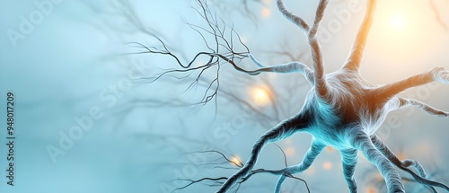 Close-up of a neuron highlighting its structure and connections, representing neural communication and brain functionality.