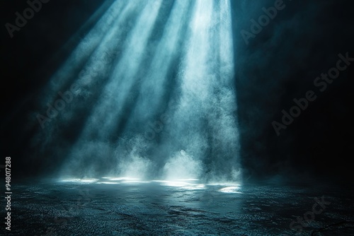 A dark room with a blue light shining on the floor