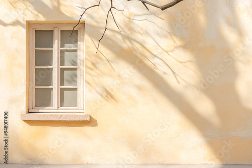 A window with a white frame sits in front of a yellow wall. The window is open, letting in a warm, sunny light. The scene is peaceful and serene, with the window providing a sense of calm
