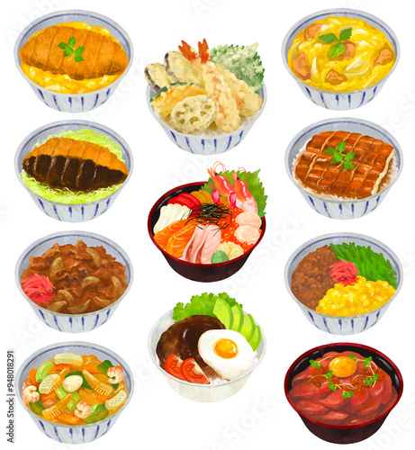 いろんな丼ぶりのイラストセット　丼もの