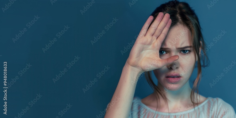A woman showing gesture STOP. Violence against women concept. Woman in fear of domestic abuse. Isolated on blue background banner. Woman in fear of domestic abuse. Isolated on blue background banner. A woman showing gesture STOP. Violence against women concept. Woman in fear of domestic abuse. Isolated on blue background banner. Woman in fear of domestic abuse. Isolated on blue background banner.