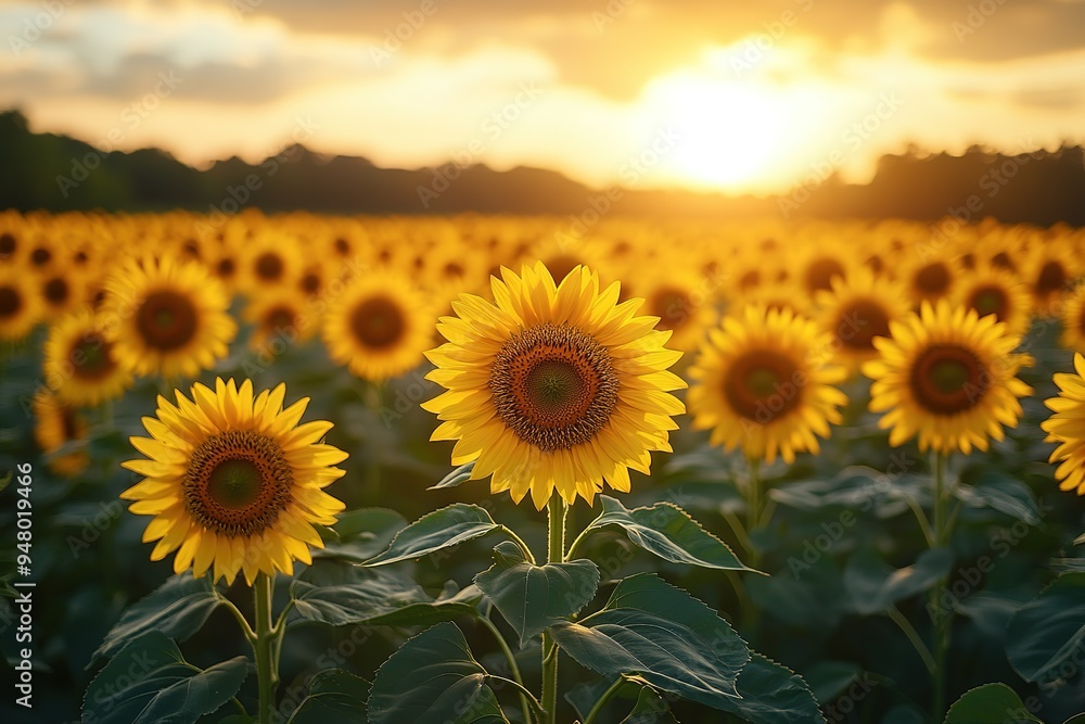 Fototapeta premium A field of sunflowers with a single sunflower in the foreground
