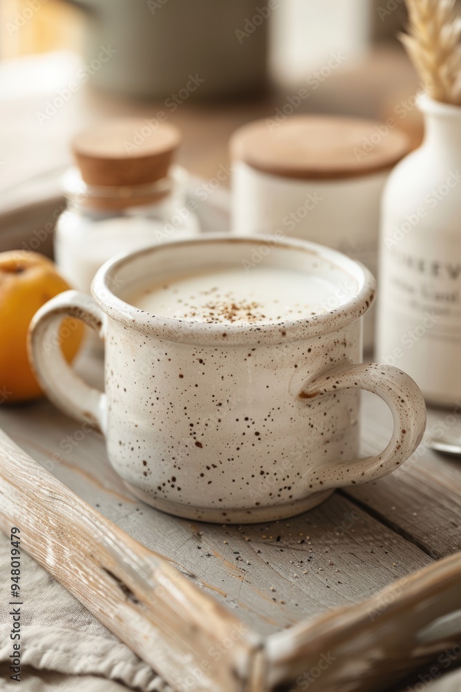 Cozy home decor setup with coffee and fresh oranges on a rustic tray